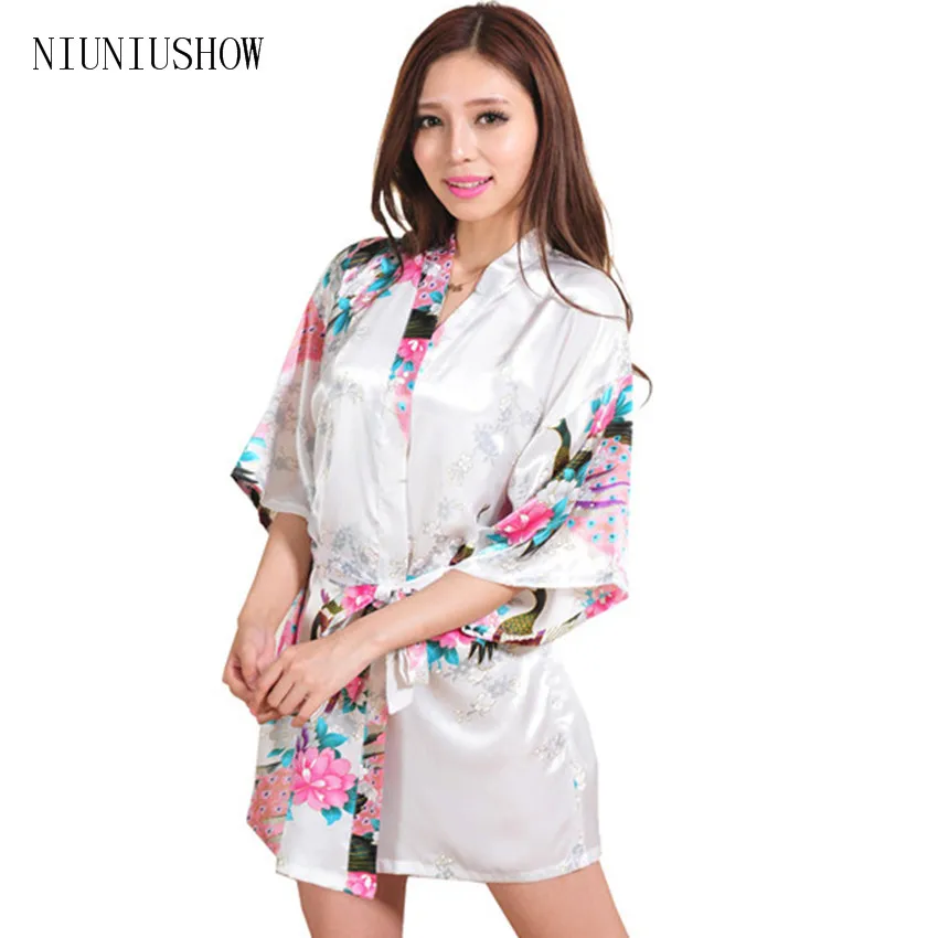 Desain Baru Peacock Gambar Kimono Sutra Jubah Wanita Seksi