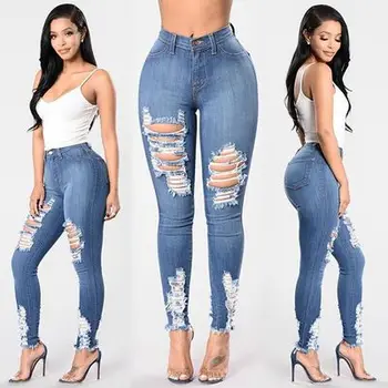 

2018 Summer Distressed Ripped Hole Cotton Denim Jeans Woman Slim Skinny Pencil Pants Plus Size Jean Trousers