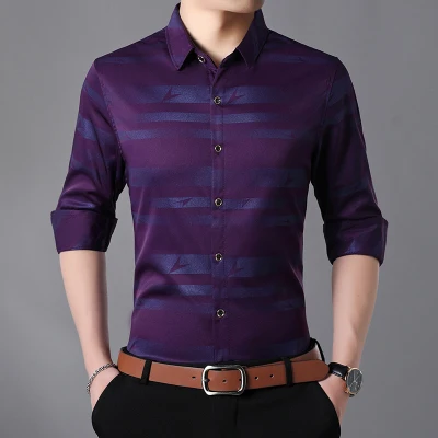 7XL Для мужчин рубашка Для мужчин s Бизнес Повседневное рубашки Новое поступление Для мужчин известный бренд одежды тенденция в полоску с длинными рукавами Camisa masculina - Цвет: Фиолетовый
