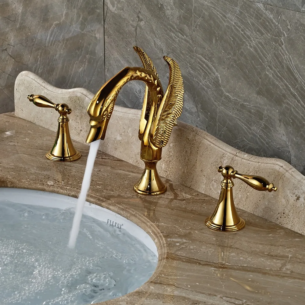 

Swan Style Widespread 3PCS Bathtub Faucet 3 Holes Mixer Tap With Double Handles Gold Finished