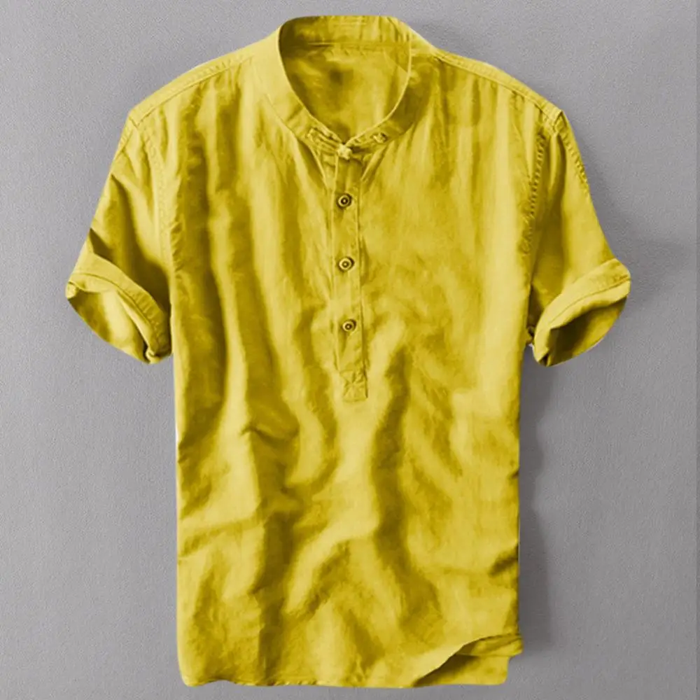 Мужская Повседневная рубашка с коротким рукавом хлопковые мужские льняные рубашки свободный воротник висячая окрашенная футболка с переходом цвета Chemise Homme Прямая c