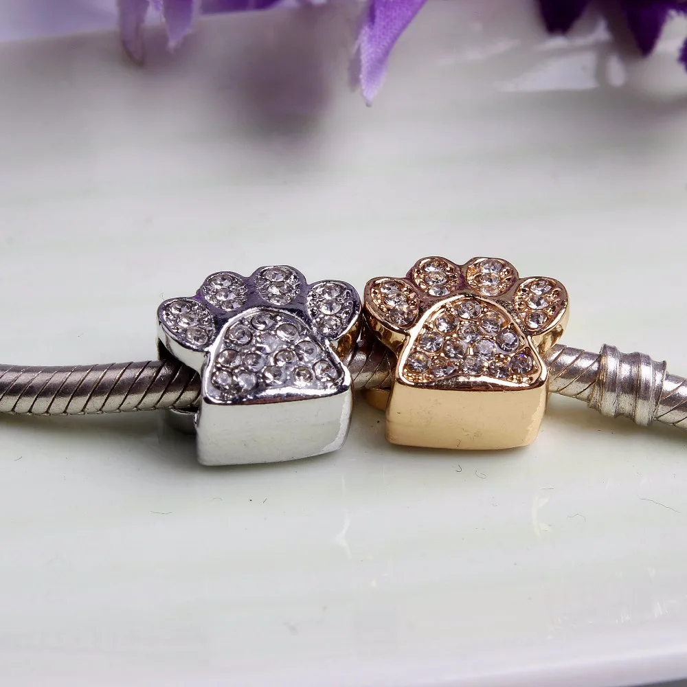 silver color 1pc rose gold dog paw bead charms Fits European  Charm Bracelets A548