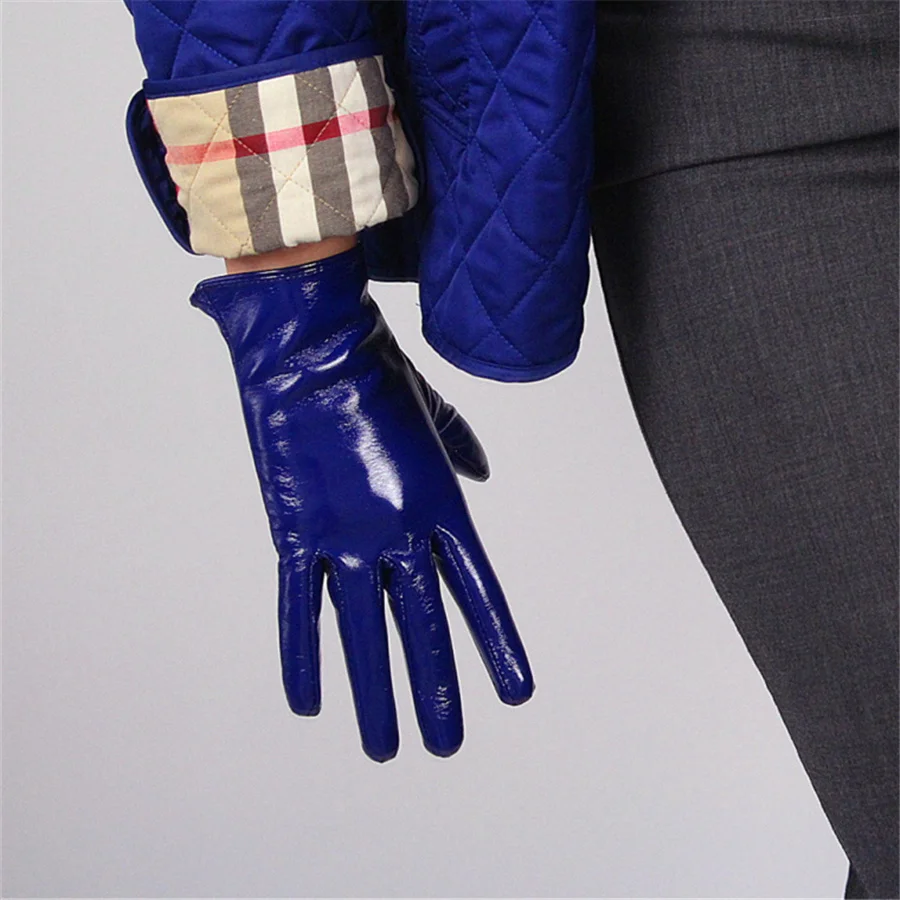 

Women'S Patent Leather Gloves Short Paragraph PU Simulation Leather Bright Leather Mirror Bright Blue Deep Blue 21cm BL03