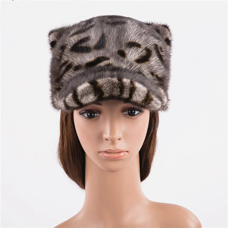 

MLHXFUR Vintage Winter Women Mink Fur Baseball Hat Peaked Cap Ear Hats Cute Fur Tail