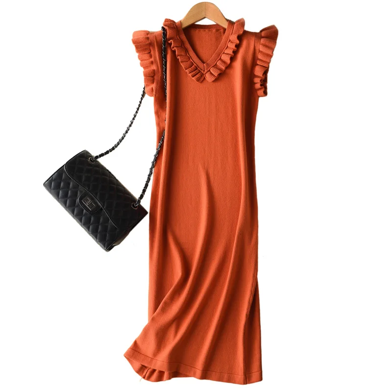 Women Sweater Dress Spring Autumn Cashmere Blending Ruffled V-Neck Frilled Tank Sleeveless Dresses Knit Pullover | Женская одежда