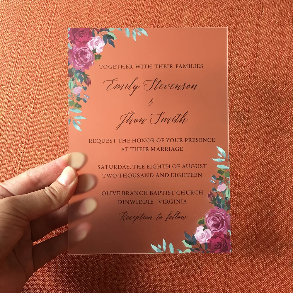  50 Pieces Per Lot Beautiful Burgundy Floral Watercolor Style 5x7inch Frosted Acrylic Wedding Invita - 32871227611