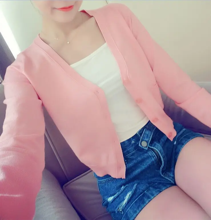 

Autumn Spring Women V-Neck Full Sleeve Knitted Casual Short Sweaters Cardigans Lady Knitting Short Outwear With Pocket