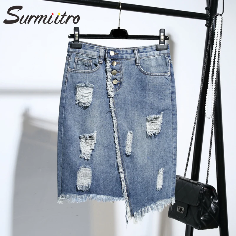 

Surmiitro Plus Size 5XL Midi Knee Length Denim Skirt Women 2019 Spring Summer Hole Button Pocket High Waist Big Skirt Female