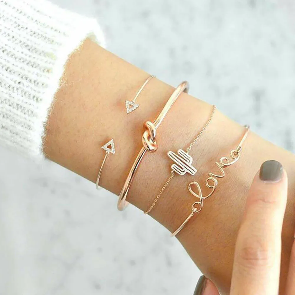 

Fashion 4Pcs/Set Bohemian Bangle Sets Pearl Bangle for Women Triangle Knot Charming Hand Cuffs Gold Bracelet Femme Jewelry