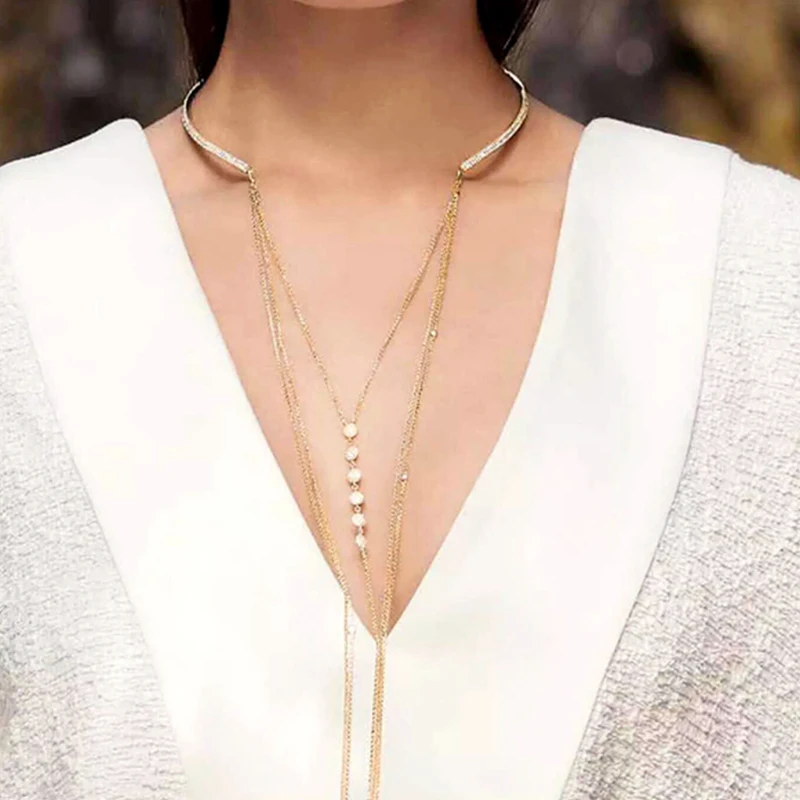 Womens Long Sweater Chain Necklace Fashion Jewelry Chain for Women CZ