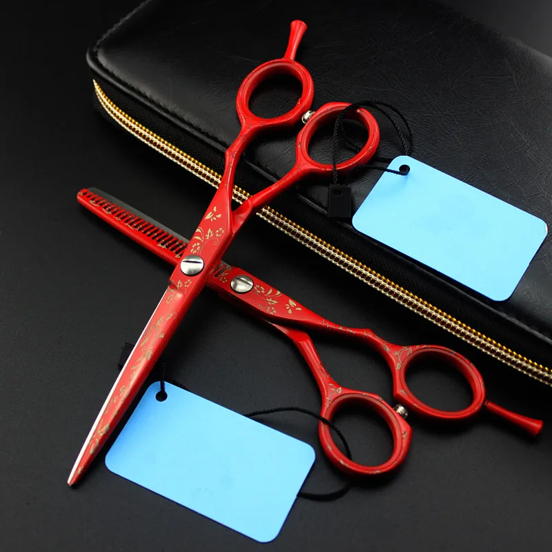 professional japan 440c 6 inch red hair scissors set cutting barber makas haircut scissor thinning shears hairdressing scissors