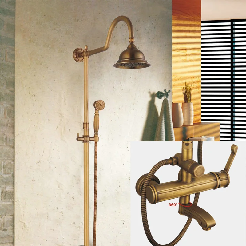 becola Antique Brass 8 inch Shower Head +Valve+Hand Spray Bathroom Wall