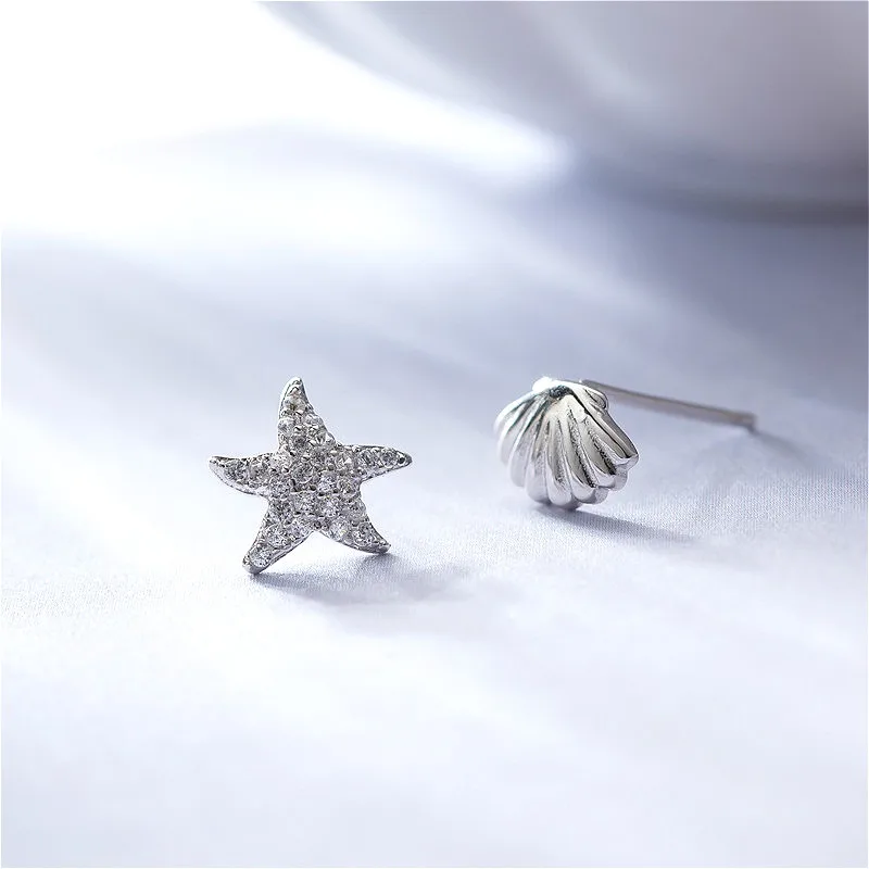 

Flyleaf 925 Sterling Silver Asymmetry Shell Starfish Stud Earring For Women Simple Cubic Zirconia Earings Fashion Jewelry Girl