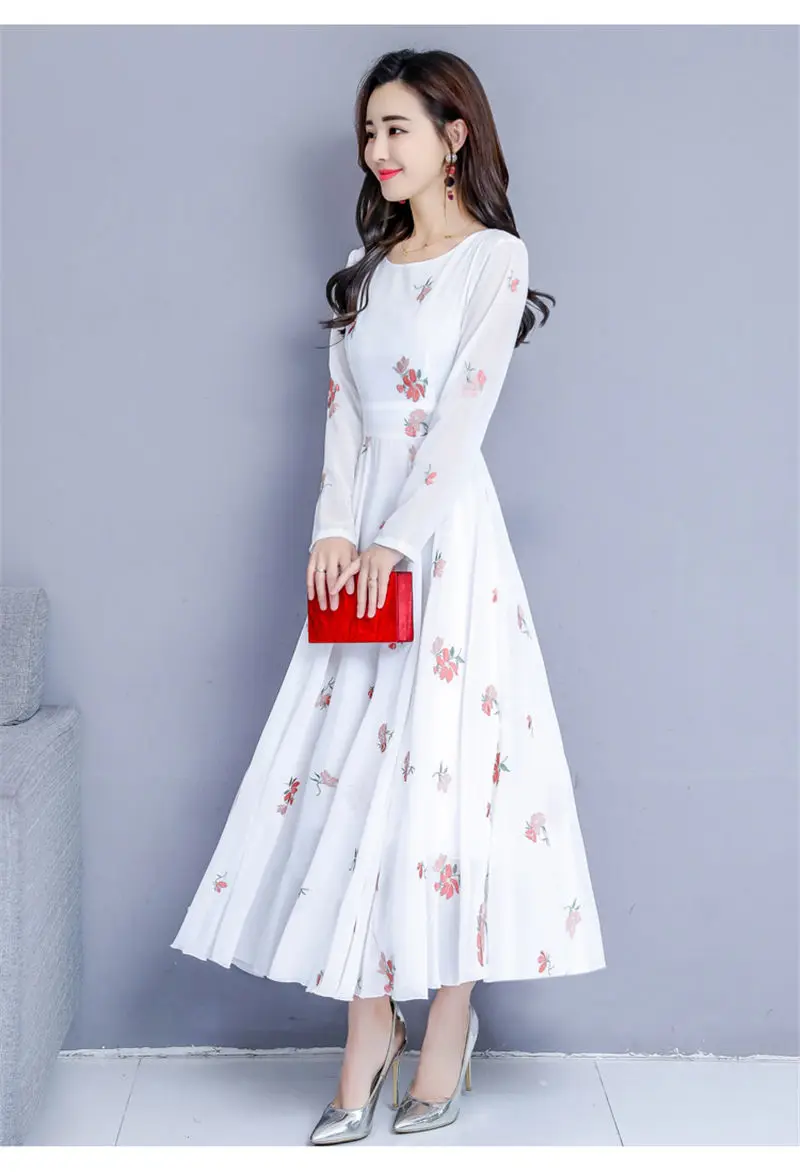 Новое весеннее женское платье размера плюс, элегантное белое сексуальное платье с круглым вырезом, винтажное богемное шифоновое большое Свободное платье, Vestidos mujer Robes