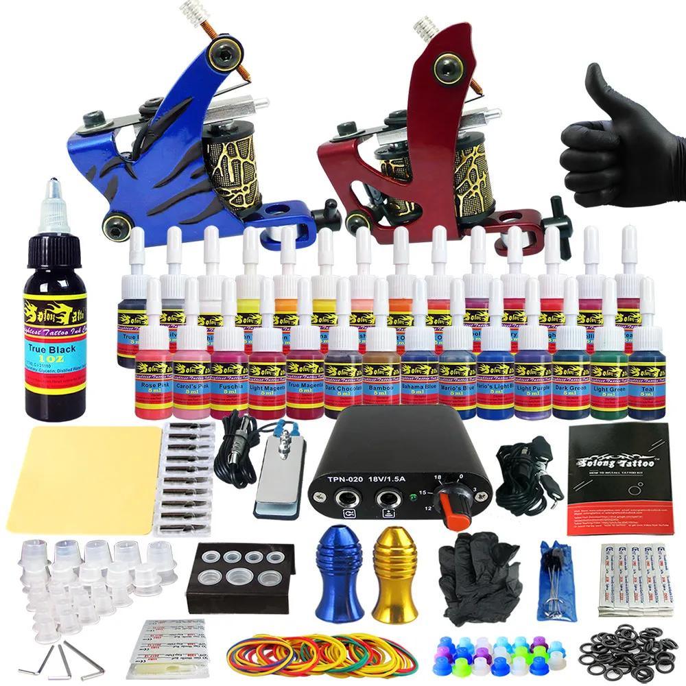 

Tattoo Sets Machine for Liner Shader Clip Cord 2 Guns New Arrival Kit Light Weight Practice Skin 28 Color Ink Sigment TK204-4