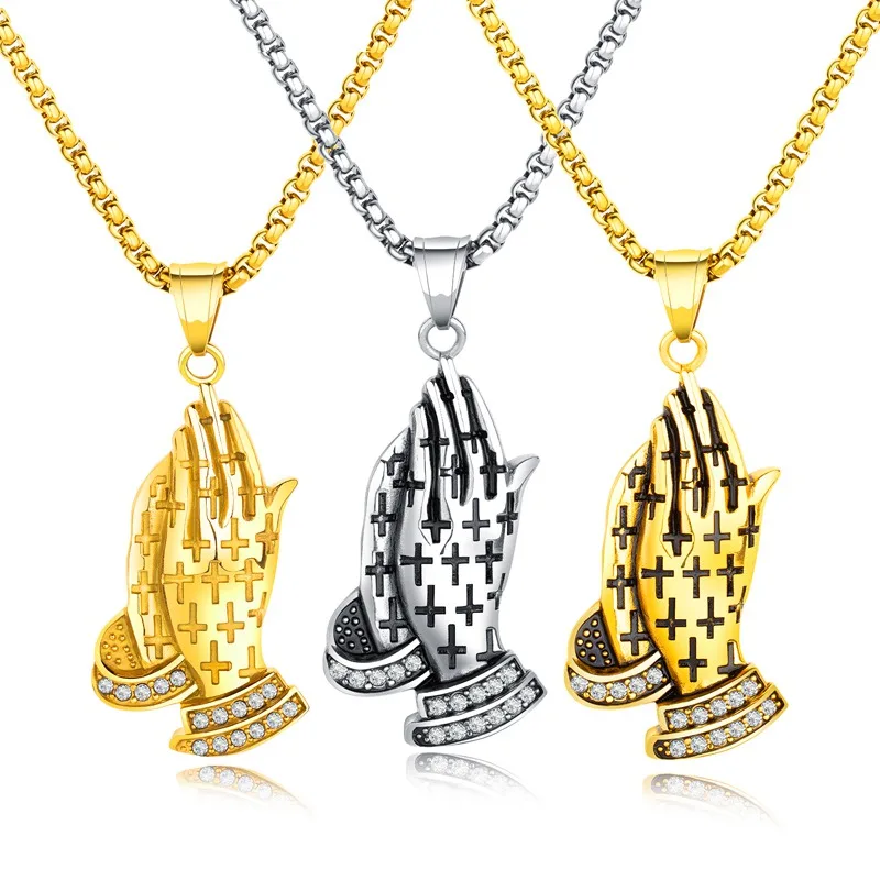 3Pcs Religious Praying Hands Pendant Necklace Men Jewelry Collier