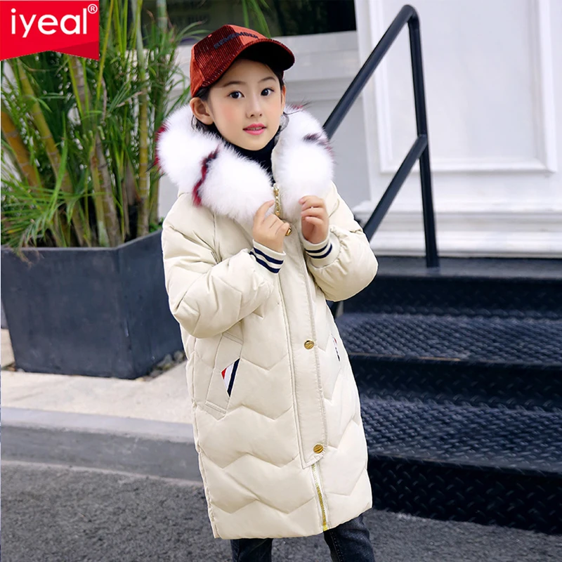 

IYEAL Winter Jacket Girls Fashion Large Fur Hooded White Duck Down Jacket Thick Warm Loose Kids Parkas Children Winter Coat