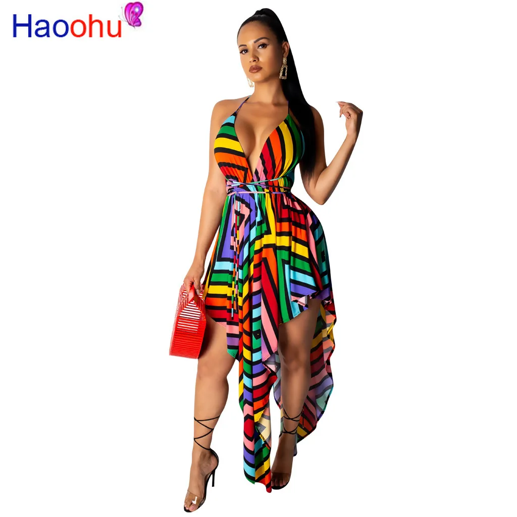 

Rainbow Striped Sexy Irregular Dress Women Spaghetti Strap Backless Plus Size Dress Summer Deep V Neck Sleeveless Bohemian Dress