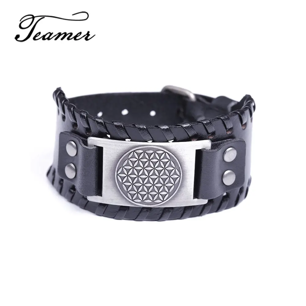 

Teamer Brand Design Easy Buckle Wide Leather Jewelry With Flower Of Life Amulet Leather Zodiac Bracelets Cuff Bangles Man Gift