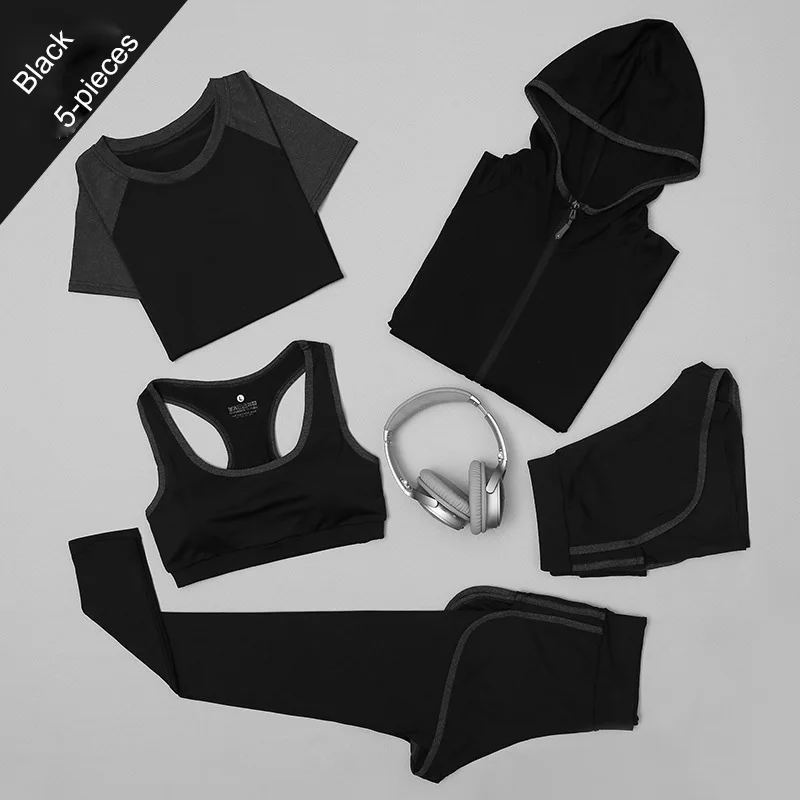 RealLion 5pcs/set Women Yoga Sets Running Sports Bra Shorts Shirt Coat Set Fitness Gym Push Up Seamless Bras Tops Elastic Pants