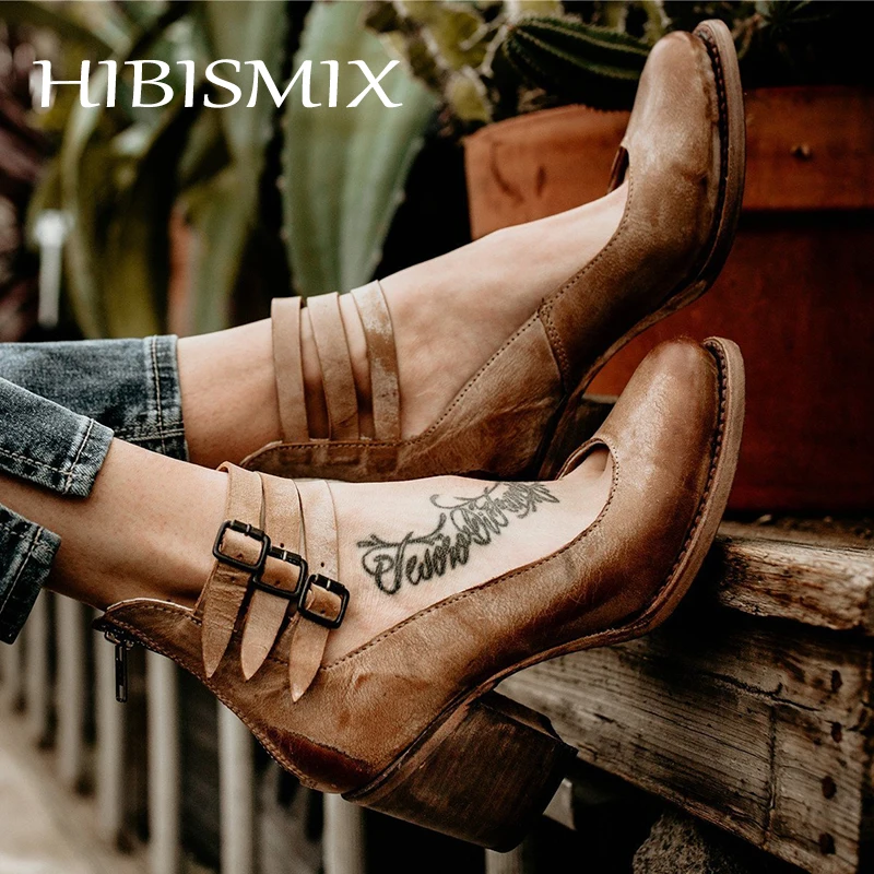 

HIBISMIX Retro Women Ankle Strap Med Heels 2019 Fashion Plus Size Ladies Chunky Heel Shoes Vintage Women Pumps 1338