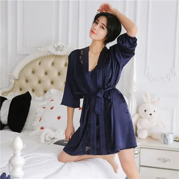 

Loose Women Silk Night Gown Set Solid Bathrobe and Mini Night Dress Summer Sleep Wear for Women Set Lingeries