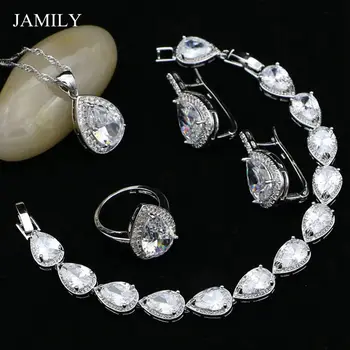 

Fashion Water Drop Silver 925 Jewelry Set White Cubic Zirconia Beads For Girls Stud Earrings/Pendant/Ring/Bracelet/Necklace