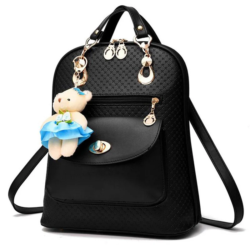 Women Backpacks Zipper Bear PU Leather Feminina Shoulder Solid Bags Knapsack Brand Designer Luxury Teenager Girls