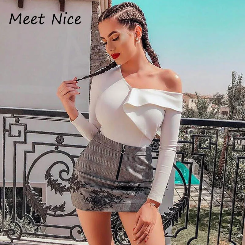 

New Women's Short Bodysuit Sexy One Shoulder Ruffles Long Sleeve Short Rompers Nightclub Evening Party Short Jumpsuit Bodysuits