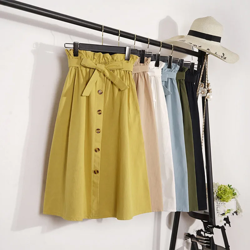 

Fashion Women Casual Spring Summer Literary Long A-line Solid Color Skirts Vintage Elastic High Waist Button Belted Skirts