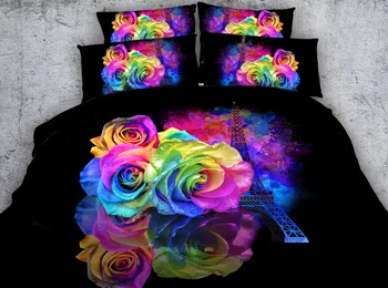 

3pcs all kinds black fabric with colorful roses printed bedding set butterfly / rose/ Eiffel Tower/ bird/ feather sheets