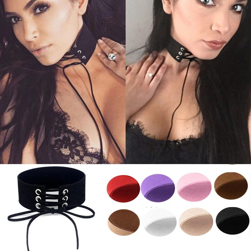 

Women Suede Collar Necklace Lace up Bohemia Collar Rivet Necklace Belt Flannelette Punk Rock Necklace Band