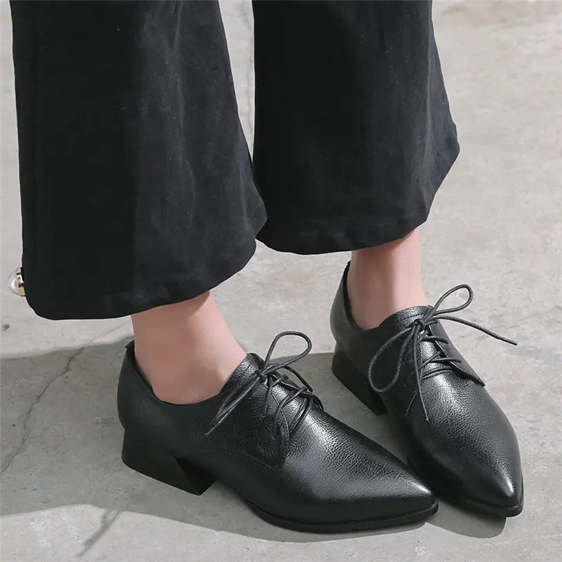 

Laddy Office Shoes Women Lace Up Genuine Leather Low Heel Party Pumps Pointed Toe Punk Oxfords Wedding Mary Janes Casual Shoes