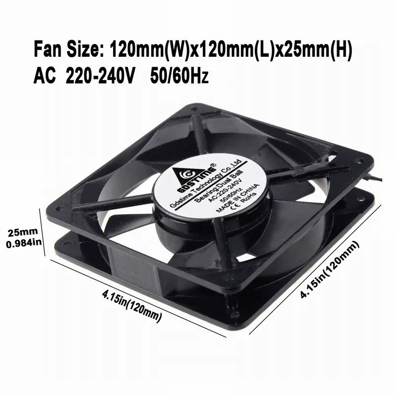 

Gdstime 1 Piece 12cm 12025s 120x120x25mm AC 220V 240V 50/60Hz Metal Case Server Industrial Cooling Fan 120mm x 25mm