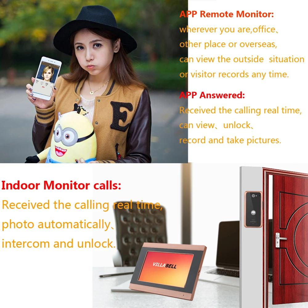 7 inch 2 Monitors 1 Camera Wired Wifi Video Door Phone Rainproof Doorbell Intercom Entry System with Electric Strike Lock