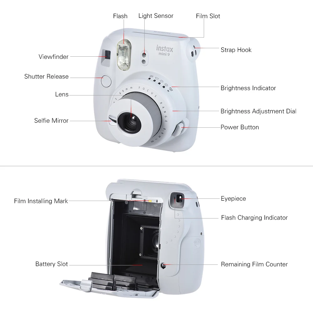 Fujifilm Instax Mini 9 Camera Instant Camera Film Cam with Selfie Mirror+ 20 or 50 Sheets White Film Photo Paper