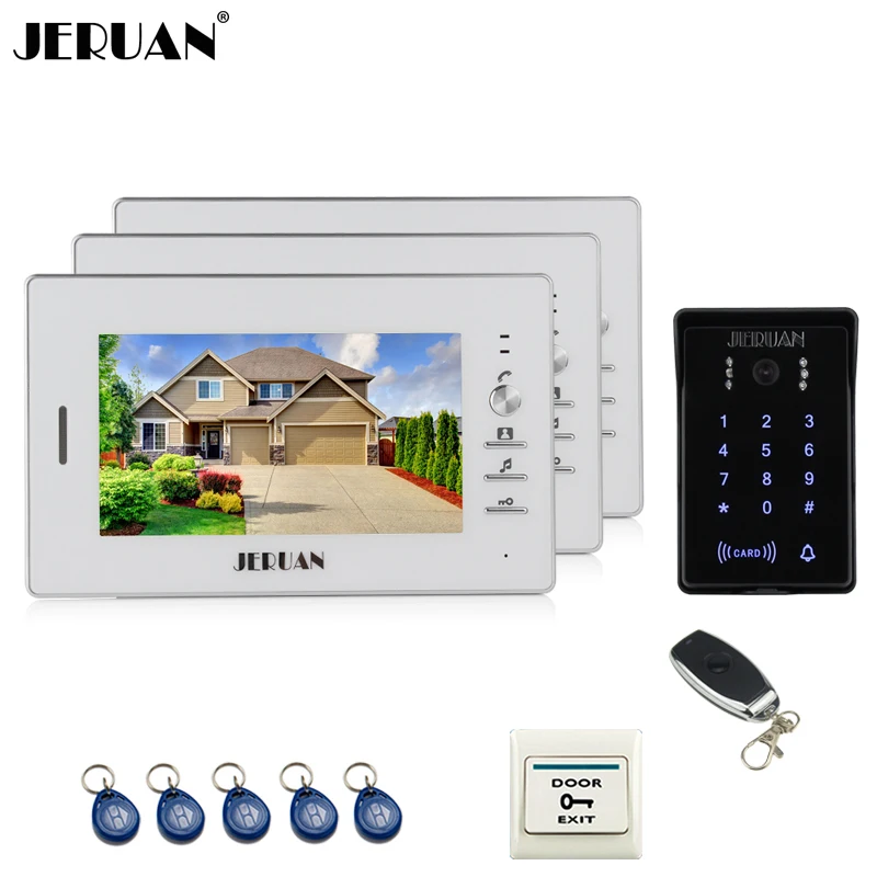 JERUAN wired 7`` LCD video door phone intercom system 3 white monitor 700TVL RFID waterproof touch key password keypad camera