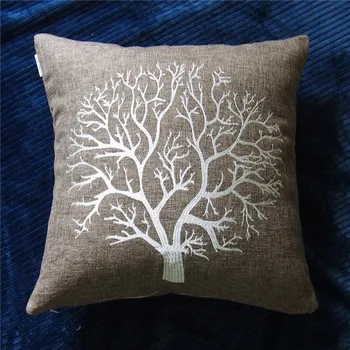 

45x45cm simple brown linen cushion cover tree embroidered throw pillowcase decorative linen cover for back cushion pillow cover