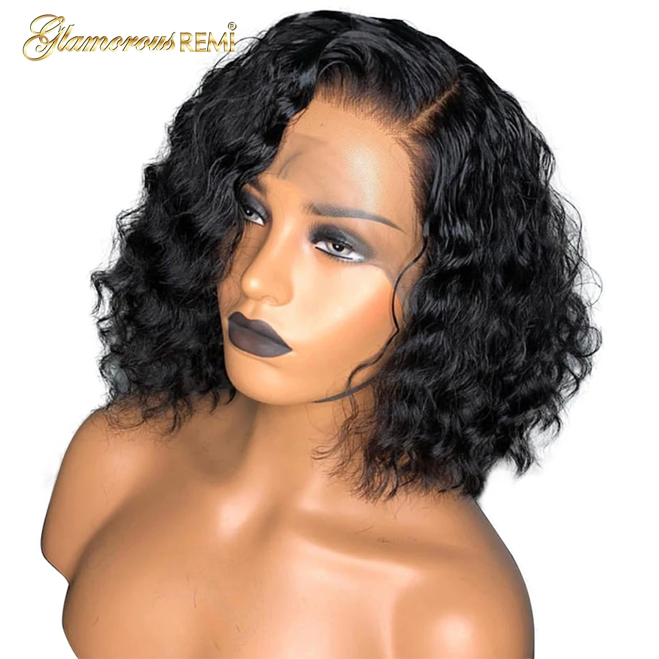 

Deep Part Short Bob Lace Front Human Hair Wigs Pre Plucked Black Brazilian Remy Hair Glueless Curly Wig for Women Bleached Knots