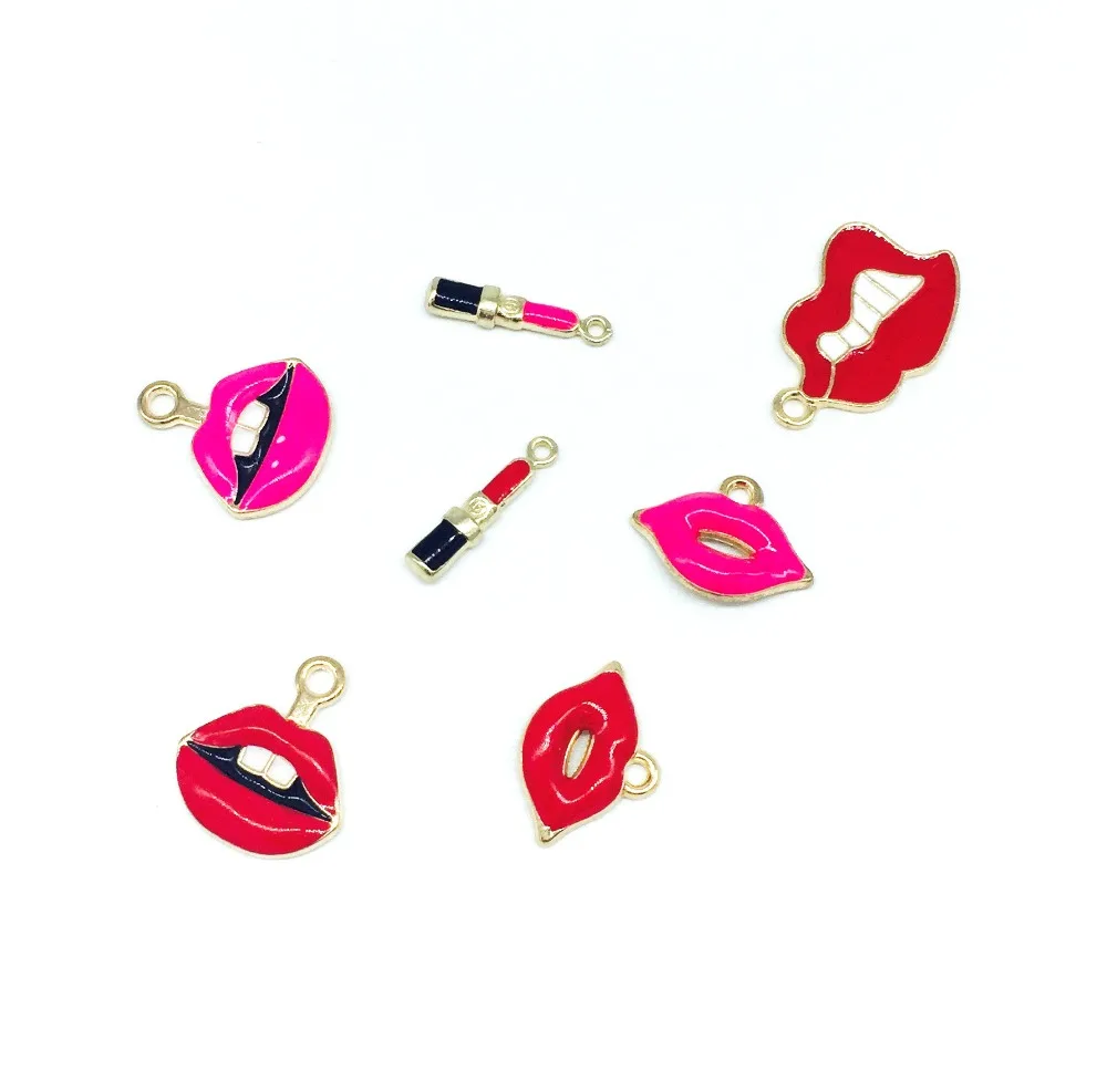 50PCS MIXED Red Lip Lipstick Charms Lobster Clasp Pendants For DIY