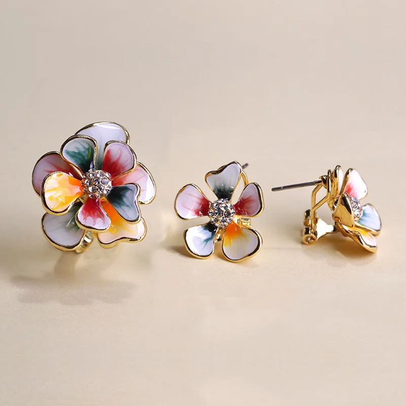 Colorful Flower Jewelry Sets Pink Enamel Stud Earrings Gold color Adjustable Rings Crystal French Hooks Brincos