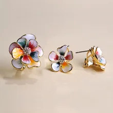 Colorido de La Flor de Sistemas de la Joyería de Esmalte de Color Rosa Pendientes de Oro de color Anillo de Bodas Anillos Ajustables de Cristal Francés Ganchos Brincos