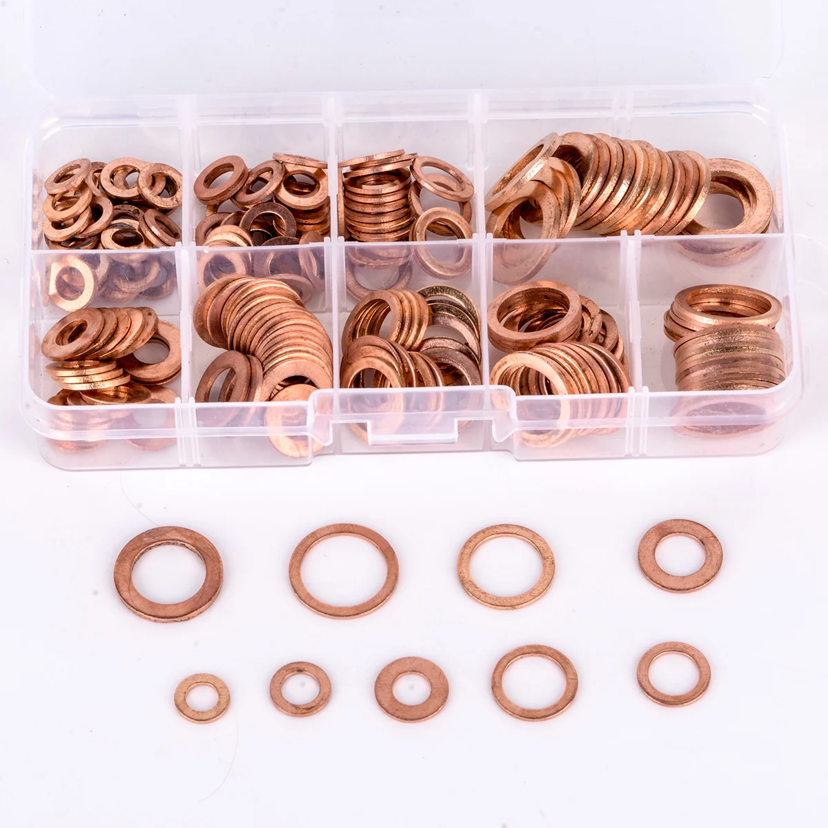 200pcs 9 Sizes Copper Washer Flat Ring Gasket Set Flat Ring Seal Assortment Kit with Box M5-M14 Fastener Hardware Accessories