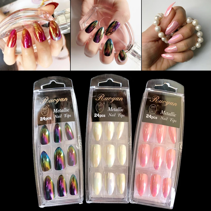 

4 Colors Shiny Stiletto Colourful Fake Nails Press On Clear Glitter Ultra Long Artificial False Nails Fit for a dance parting