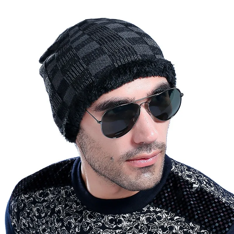

Plaid Cool Men Winter Beanies Warm Velvet Knit Crochet Cap Knitting Wool Hat