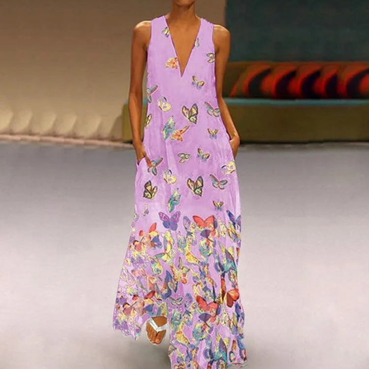 VIEUNSTA, женское винтажное длинное платье с v-образным вырезом и принтом бабочки,, бохо, без рукавов, с карманами, летнее платье, повседневное, свободное, Пляжное, макси платье - Цвет: 03 Purple