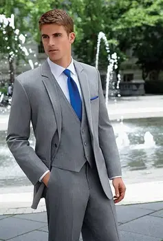 Ceny Jeden Przycisk Szary 3 Sztuka Mężczyzn Garnitury Slim Fit Szczyt Lapel Smokingi Garnitury ślubne
