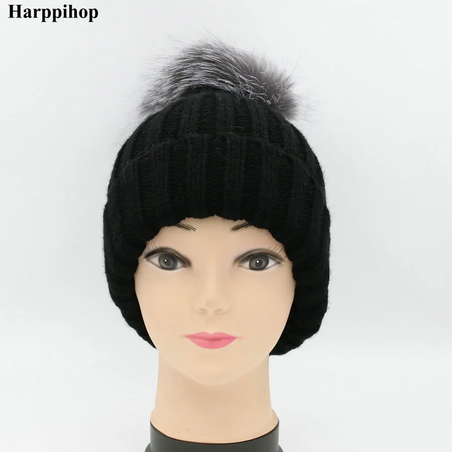 Harppihop настоящая меховая вязаная шапка настоящий большой енот Pom шляпа женская зимняя шапка