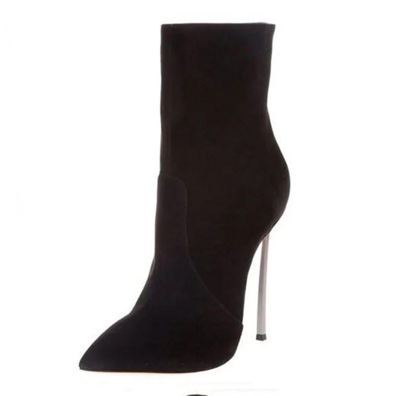 

Stylish Black Suede Mid-calf Boots Sexy Siver Blade Heels Women Boots Pointed Toe Side Zipper Dress Shoes Free Ship Size 10
