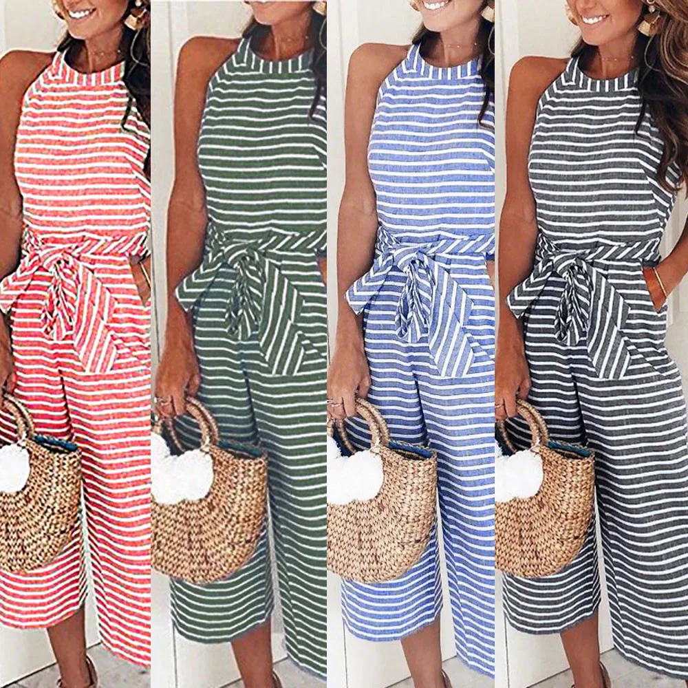Linen Jumpsuit for women 2018 Striped Bow belt Sleeveless High Waist Long Wide Leg Jumpsuits Fashion Ladies OL Sexy Rompers Jumpsuits and Playsuits
